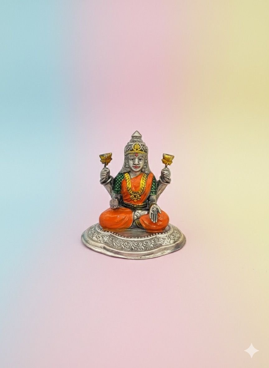 Silver Divine Grace Orange Enamel Lakshmi Idol